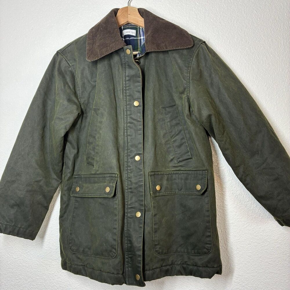 Mango Waxed Effect Barn Jacket Womens XS Green Corduroy Collar Plaid Lined - Picture 6 of 16